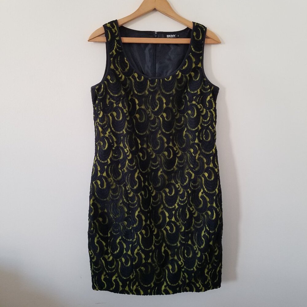 DKNY Black Cotton Blend Lace Cocktail Dress With Green Under Layer Size 8